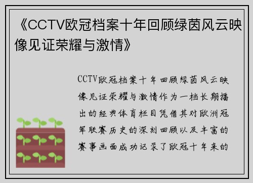 《CCTV欧冠档案十年回顾绿茵风云映像见证荣耀与激情》