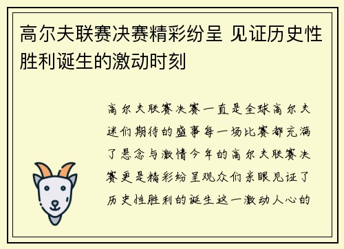 高尔夫联赛决赛精彩纷呈 见证历史性胜利诞生的激动时刻