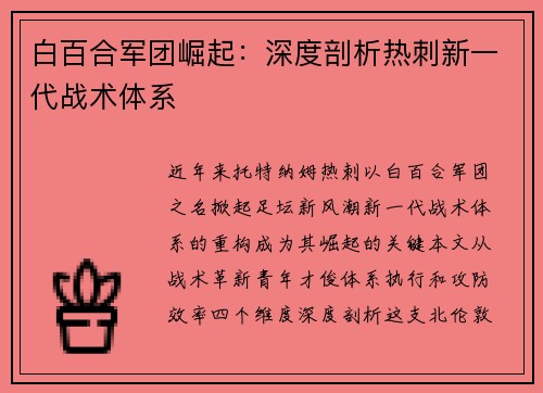 白百合军团崛起：深度剖析热刺新一代战术体系
