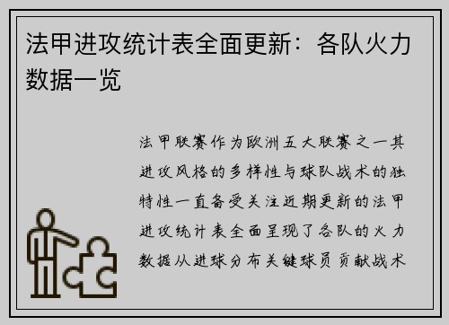 法甲进攻统计表全面更新：各队火力数据一览